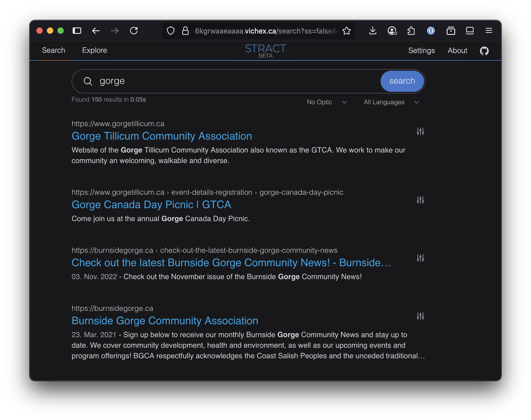 Screenshot of custom search